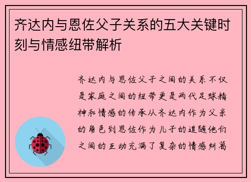 齐达内与恩佐父子关系的五大关键时刻与情感纽带解析