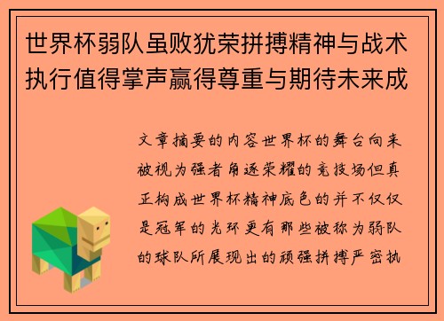 世界杯弱队虽败犹荣拼搏精神与战术执行值得掌声赢得尊重与期待未来成长