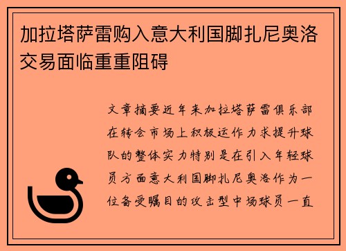 加拉塔萨雷购入意大利国脚扎尼奥洛交易面临重重阻碍
