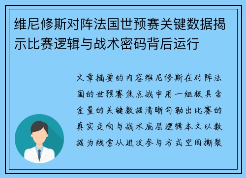 维尼修斯对阵法国世预赛关键数据揭示比赛逻辑与战术密码背后运行